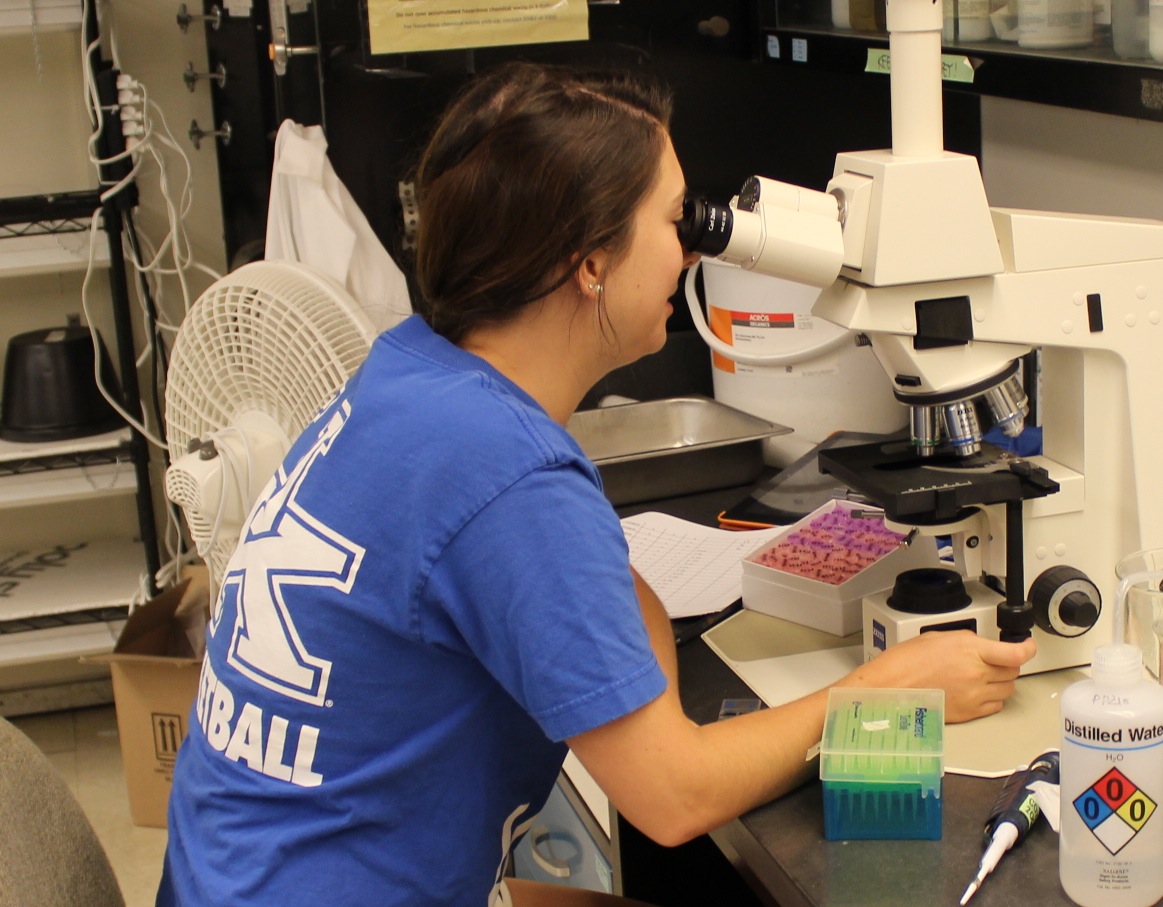 Devin Henry in the lab, seated at a microscope.