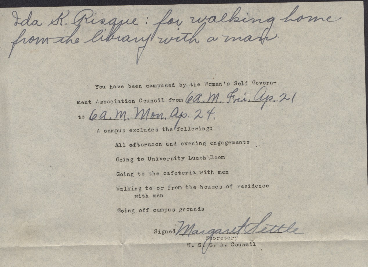 Here is an example of a letter notifying a student of restrictions they were being given by not follow the regulations of the association. Photo courtesy of UK Special Collections. 